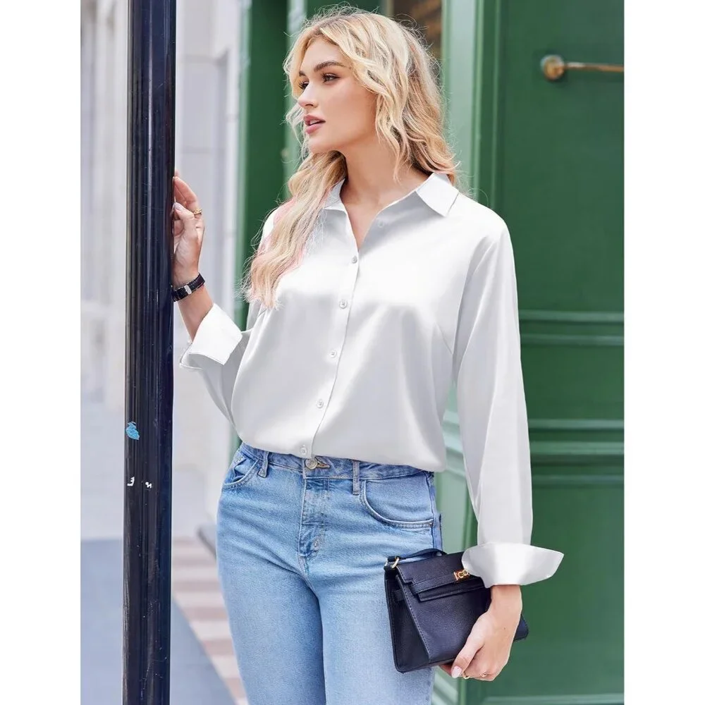 Satin  AA-white Blouses For Women Silk Button Shirts Long Casual Tops - Picture 2 of 7